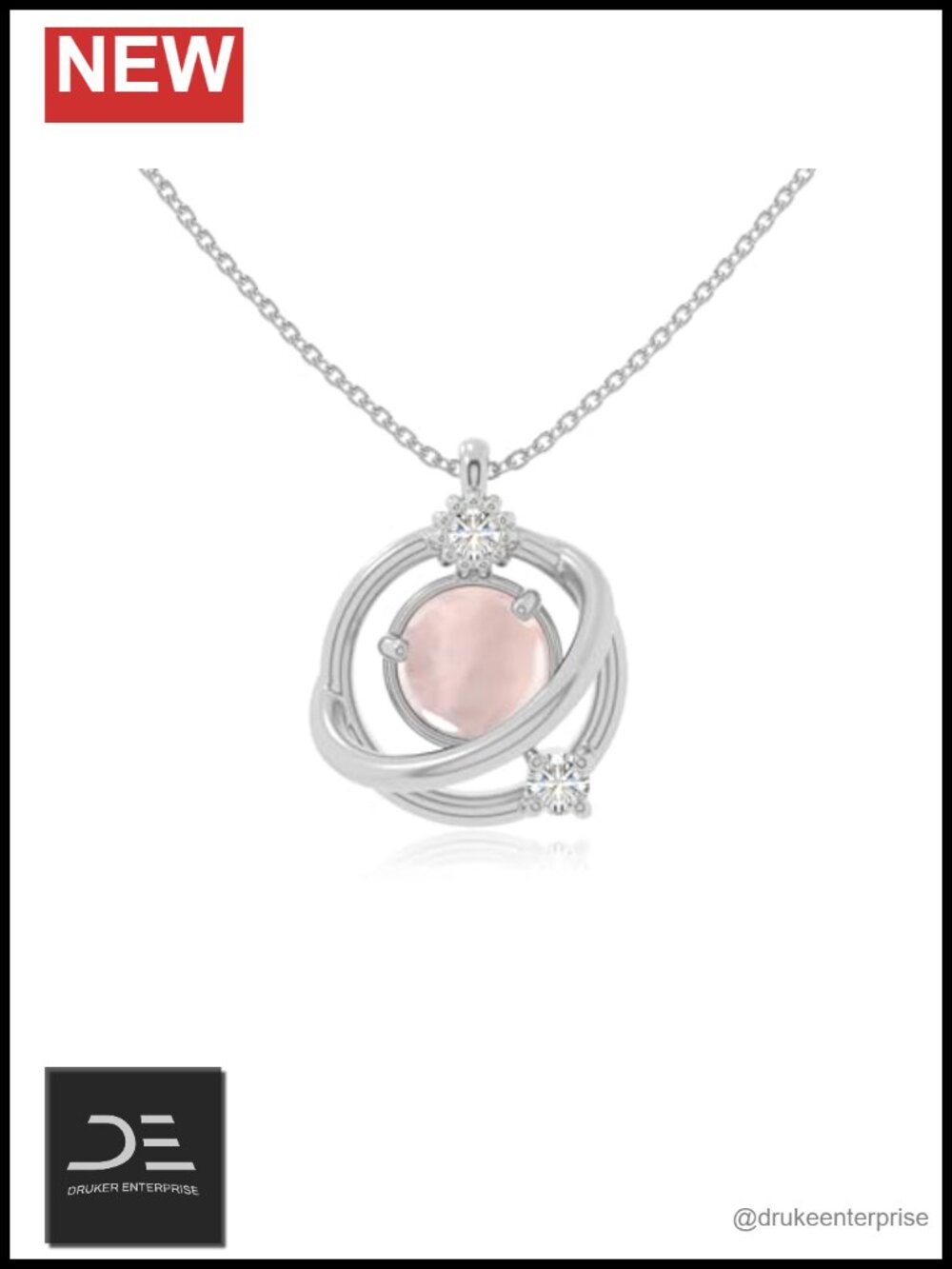 Sterling Silver Rose Quartz Moissanite Galaxy Pendant Necklace